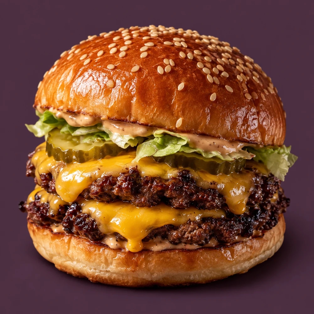 Double smash burger with melted cheddar, pickles and a toasted sesame bun
