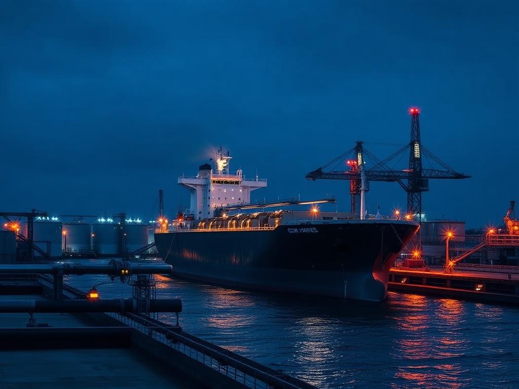 Crude oil tanker loading at a terminal