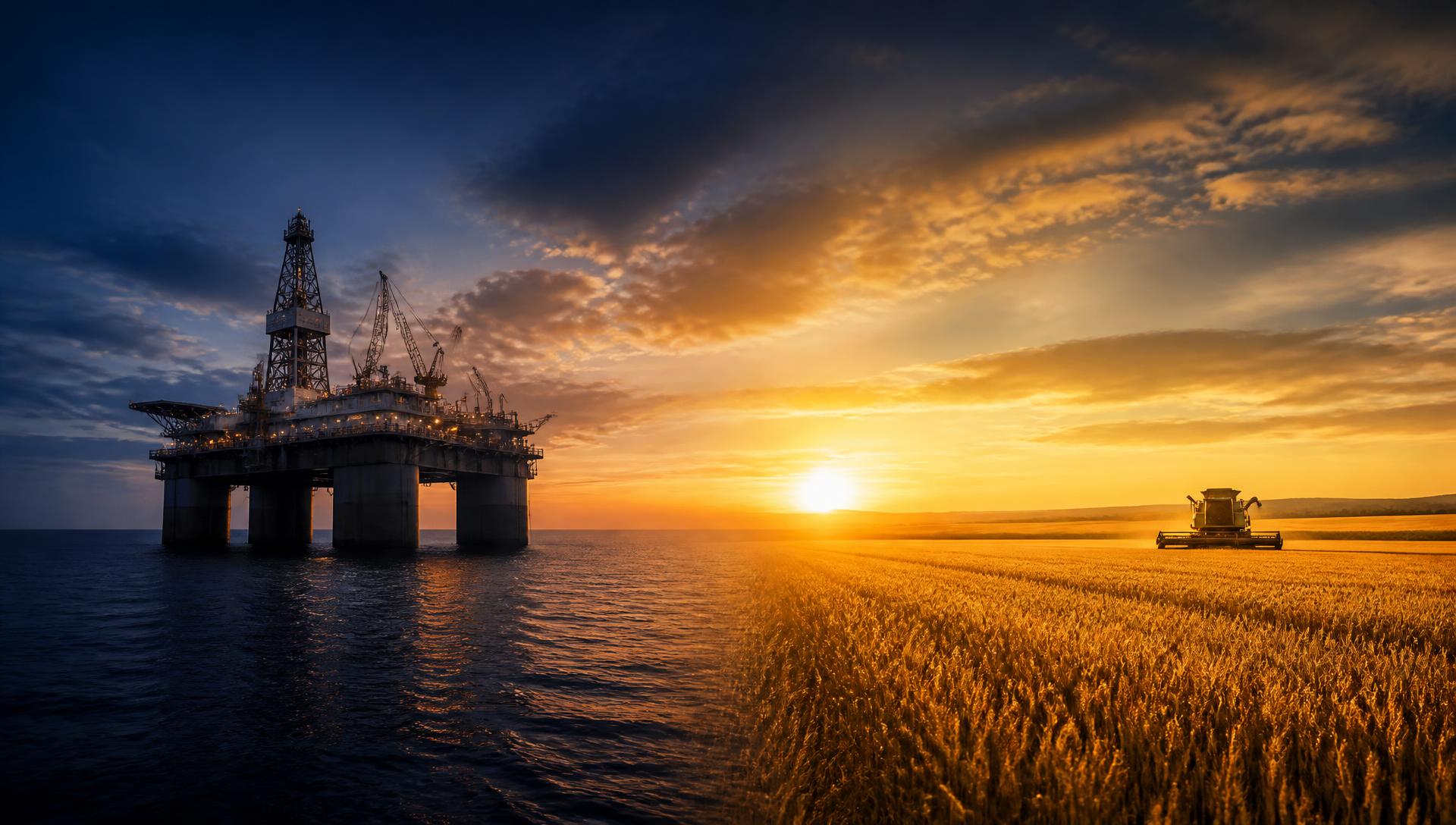 Offshore crude oil rig at dusk blending into golden wheat fields