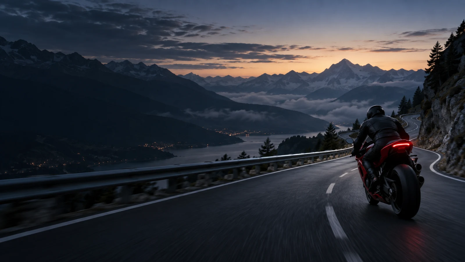 A rider on a red motorcycle following a winding mountain road at dusk