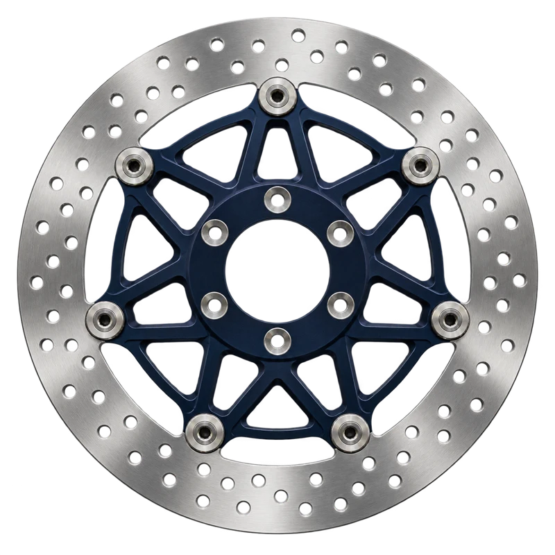 Machined motorcycle brake disc with perforated steel rotor