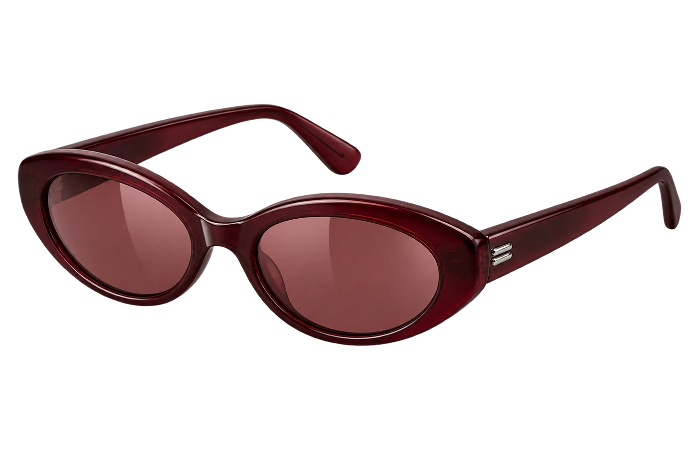 Burgundy oval sunglasses with rose tinted lenses