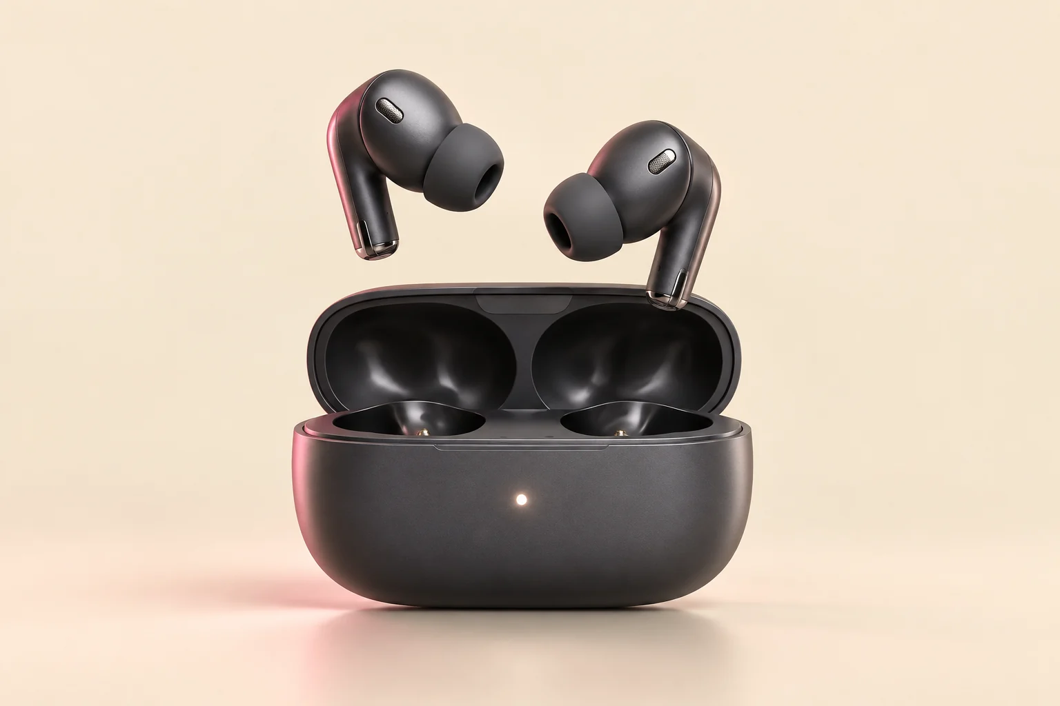 Graphite earbuds suspended above their open charging case
