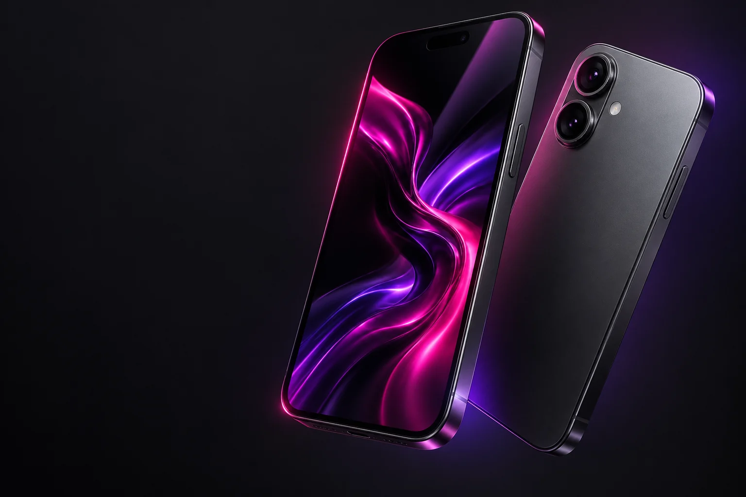 Two graphite concept phones with magenta and violet light reflecting across their metal edges